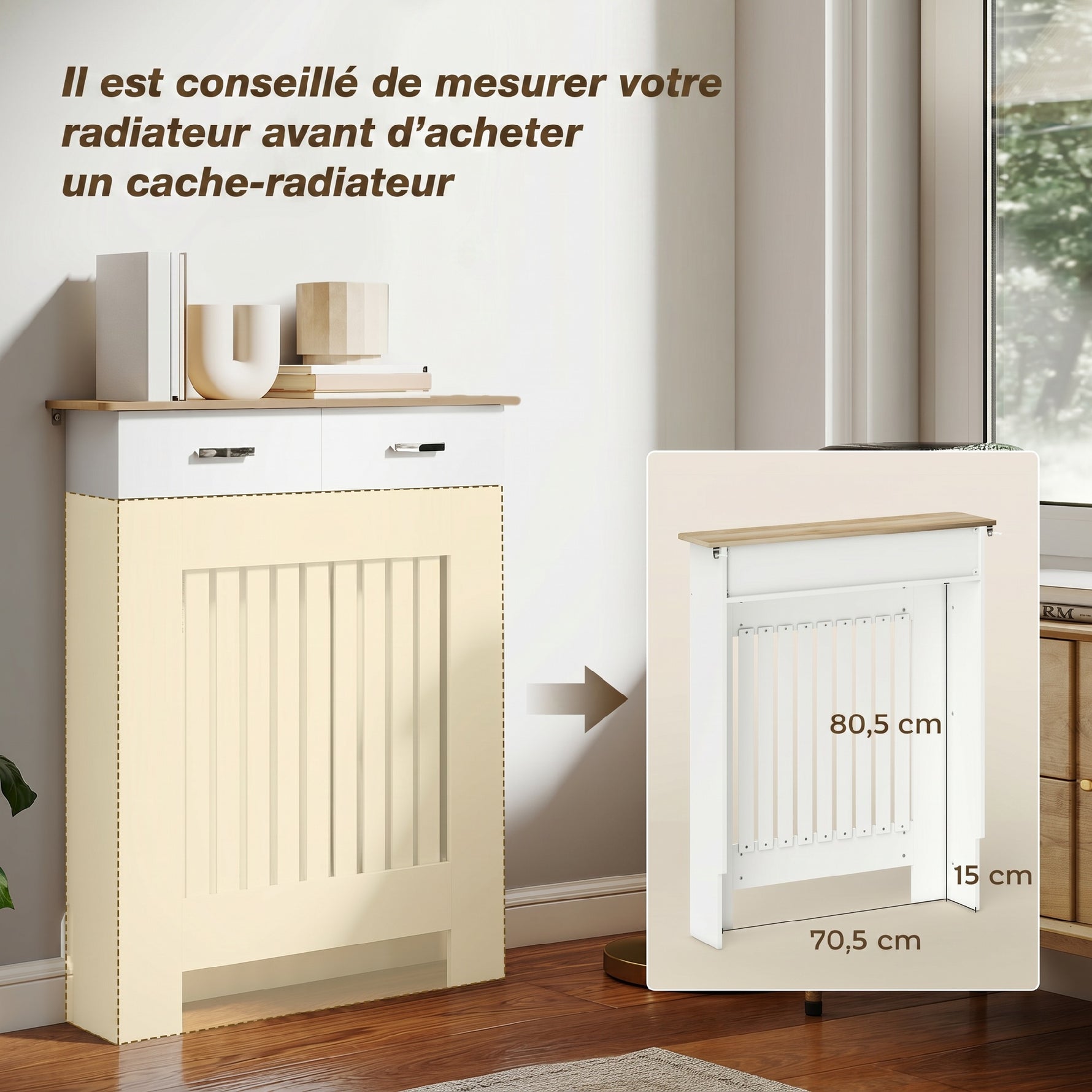 Cache-radiateur avec tiroir de rangement, meuble cache-radiateur en bois à lattes verticales, 78 x 19 x 97 cm, blanc