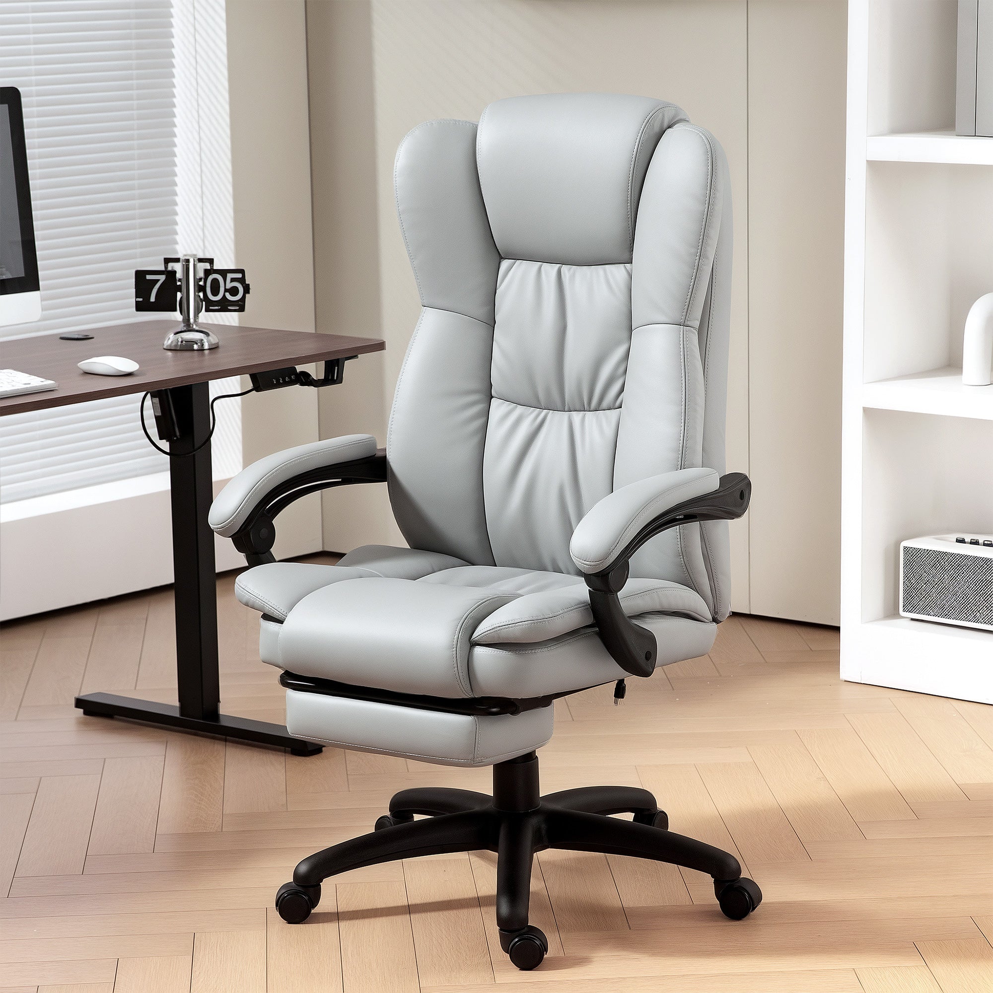 Fauteuil de bureau massant, chaise de bureau avec hauteur réglable, dossier inclinable et télécommande filaire, gris