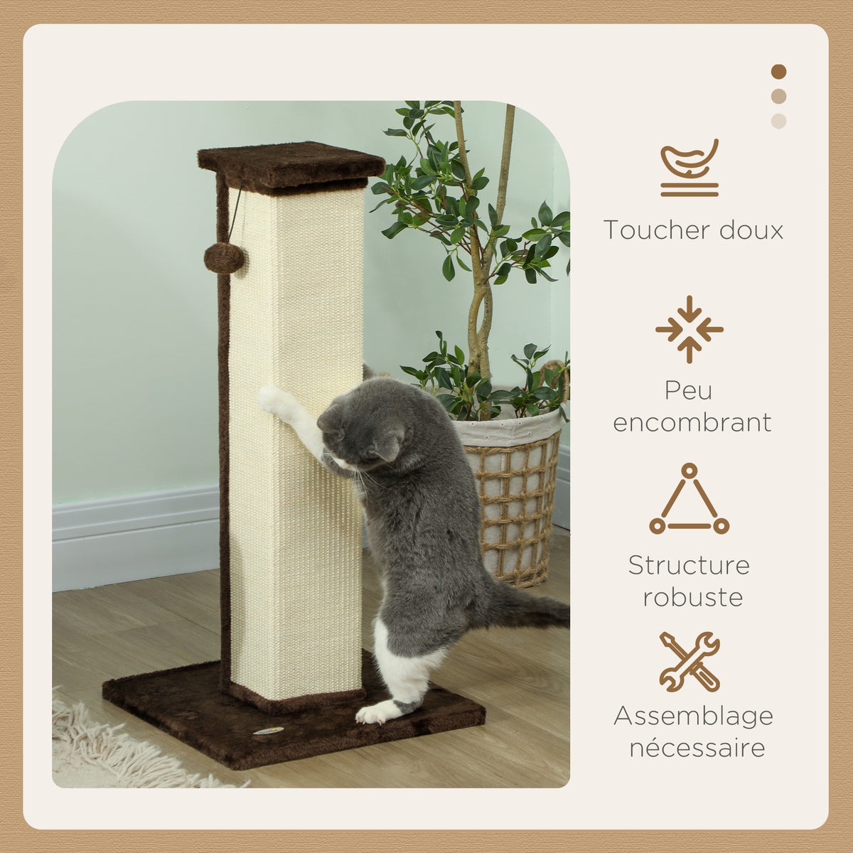 Griffoir pour chat poteau griffoir chat en sisal et peluche, boule suspendue base stable 41 x 41 x 81 cm marron et crème