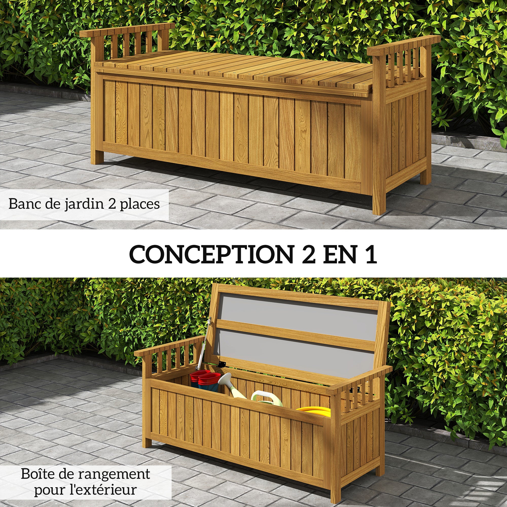 Panca da giardino a 2 posti in legno con contenitore da 151L, panca da esterno con braccioli 128,5 x 56 x 53,5 cm marrone