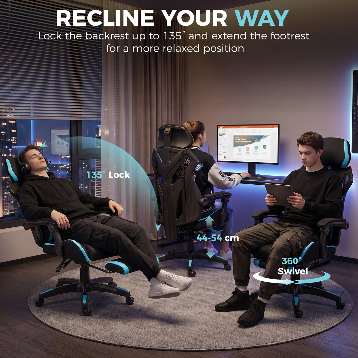 Ergonomic Gaming Chair, Reclining Mesh Gaming Chair with Adjustable Headrest, Lumbar Support, Black and Blue