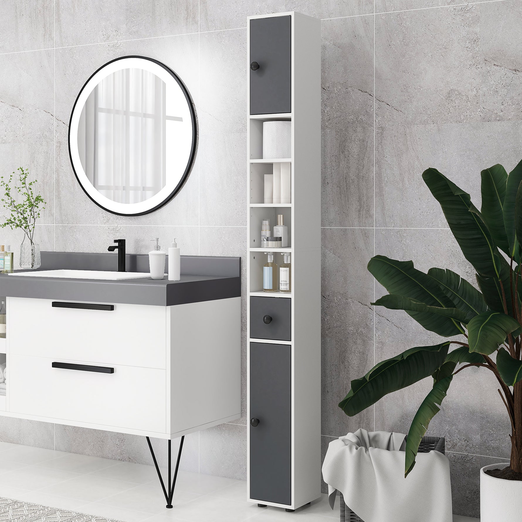 Colonne de rangement armoire haute pour salle de bain 1 tiroir 4 étagères réglables et 2 placards 20 x 20 x 180 cm gris