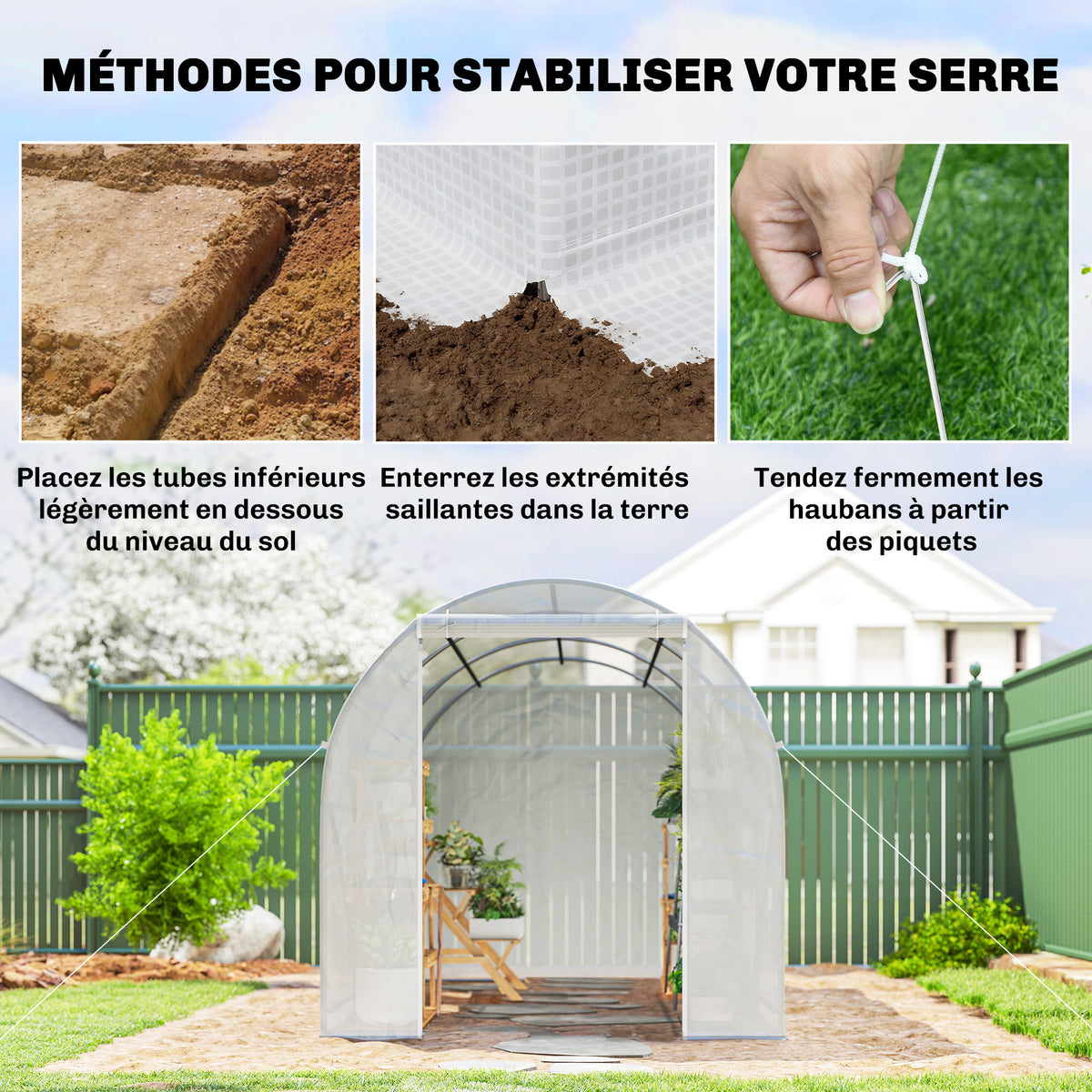 Serre tunnel de jardin 7m², serre de jardin tunnel avec porte et 6 fenêtres, bâche PE 140 g/m² 350 x 200 x 200 cm blanc