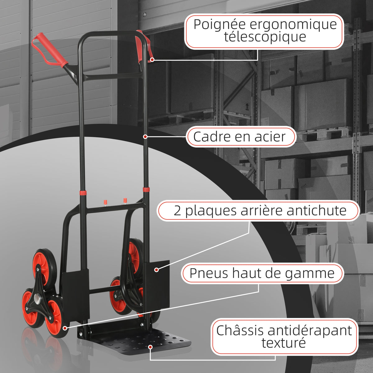 Diable d'escalier pliable 120 kg 6 roues, diable demenagement en acier avec cordes télescopiques, 44x67x106,5cm, rouge