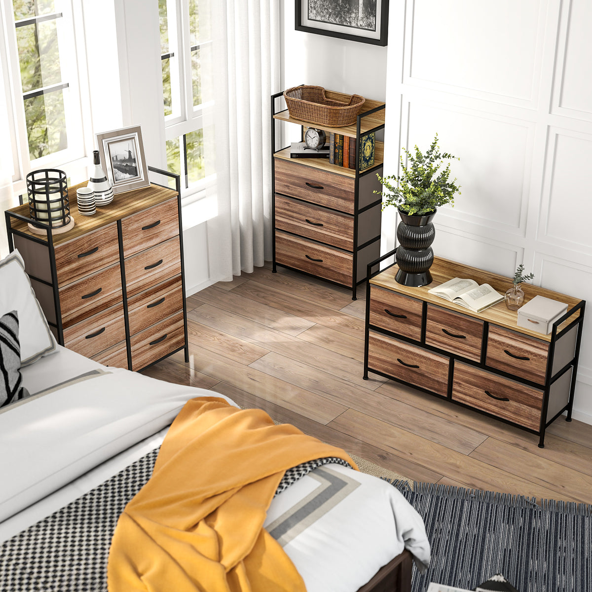 Meuble de Rangement commode 8 tiroirs en tissu amovibles, étagère supérieure et cadre acier 79L x 29l x 101H cm