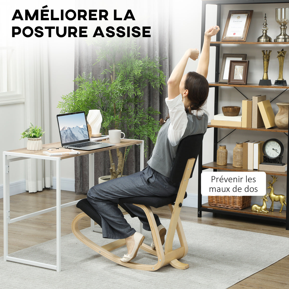 Siège assis genoux, tabouret ergonomique en bois à bascule avec dossier, chaise à genoux pour bureau à domicile, noir