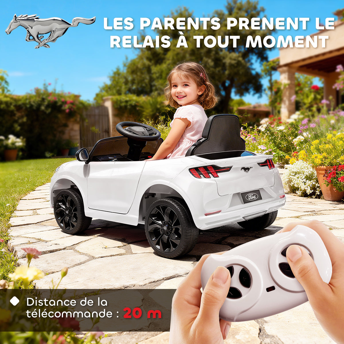 Coche eléctrico infantil Ford Mustang Mach-E con licencia oficial 12 V, mando a distancia 2,4 G, 2 motores, 92x55x44 cm, blanco