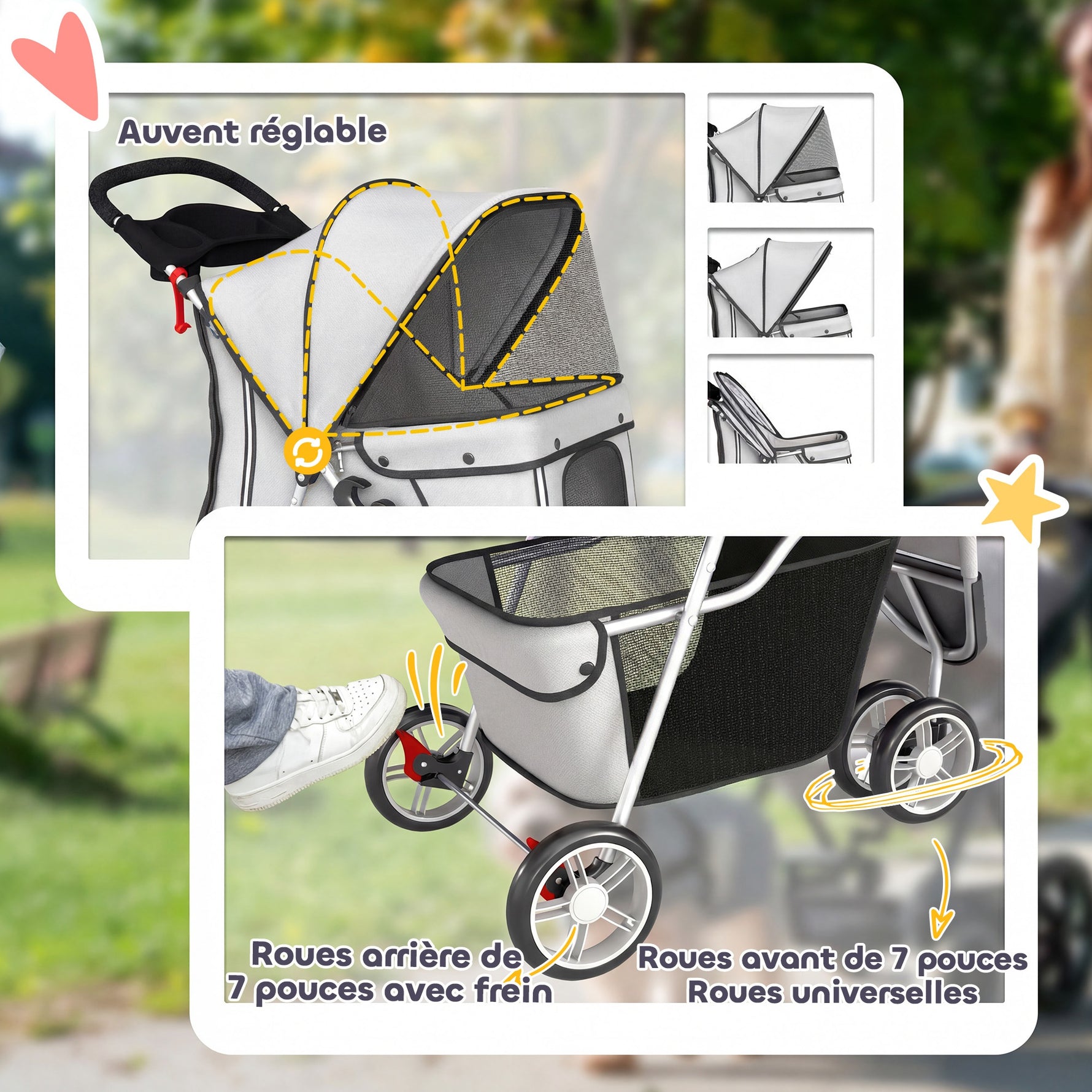 Poussette pour Chien 4 Roues, Chariot Pliable avec Auvent Réglable, Panier de Rangement, 77x44x102cm, Gris