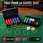 Poker-Koffer 500 Jetons 5 Werte, 2 Kartendecks, Spielmatte, Dealer-Button, Blind, Alu, 31x17x11,5 cm, Schwarz