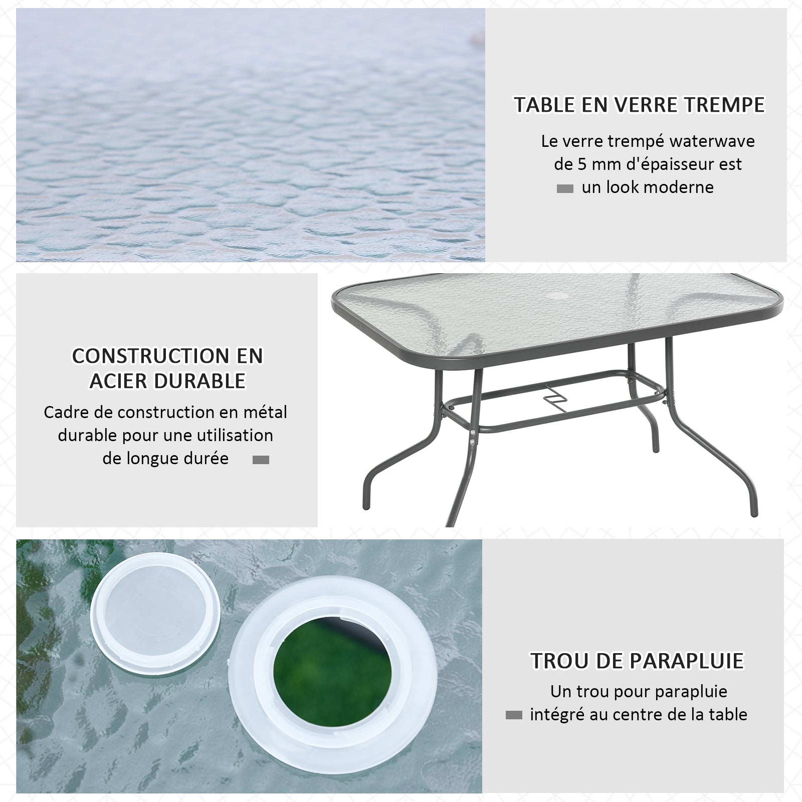Table de Jardin rectangulaire dim. 120L X 80l x 70H cm métal époxy Gris Plateau Verre trempé