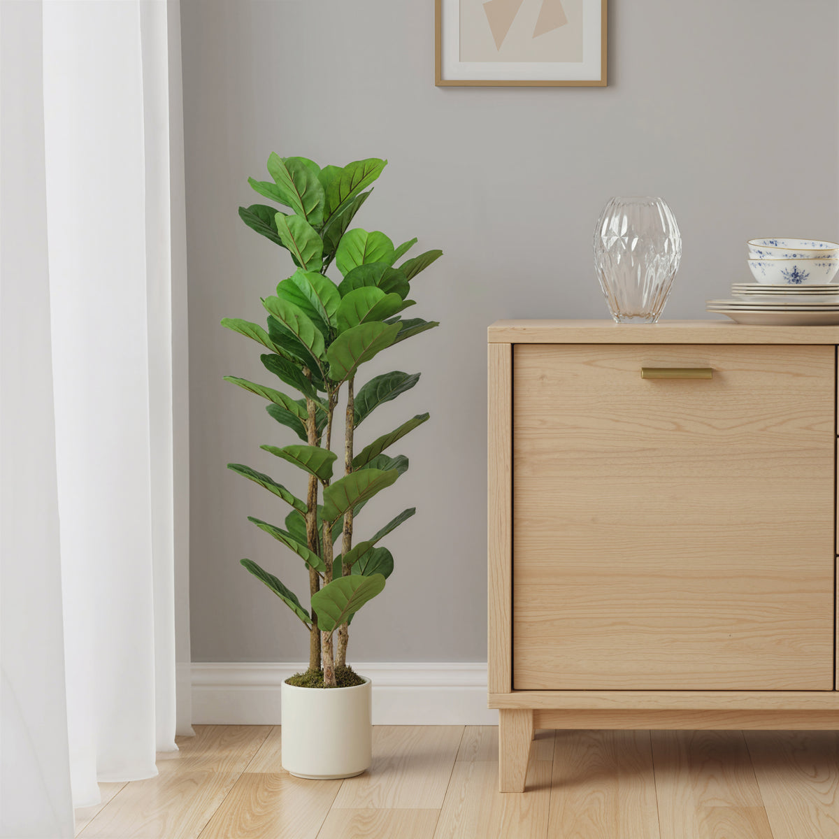 Plante artificielle intérieure 120 cm Figuier lyre arbre artificiel avec pot en plastique et tronc en bois massif, vert