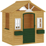 Cabane enfant extérieur en bois, maison enfant extérieure avec porte, fenêtres, 2 bacs à fleurs, 134,5x97x150cm, marron
