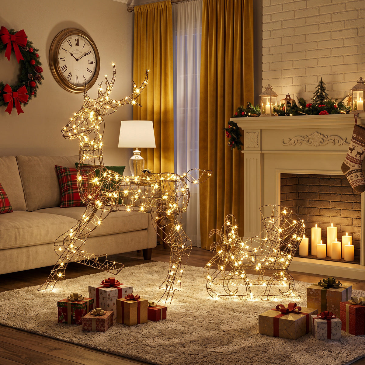 Renna di Natale con Slitta Luminosa 2 Pezzi in Rattan PP, 175 LED Bianco Caldo, 8 Modalità, Timer, 82x32x120cm, Marrone