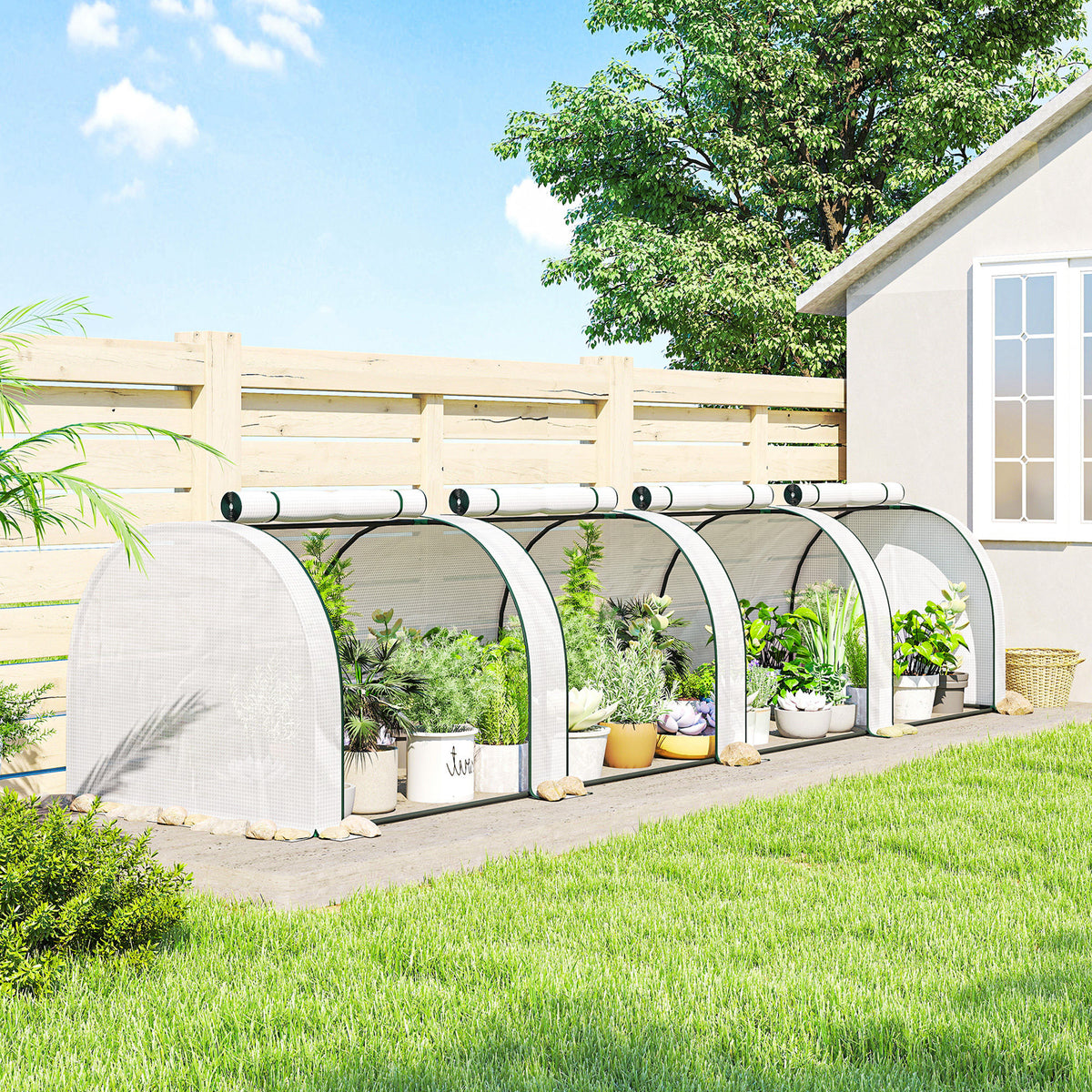 Mini serre de jardin serre à tomates 4 x 1 x 0,80 m acier PE anti-UV 4 portes avec zip enroulables blanc