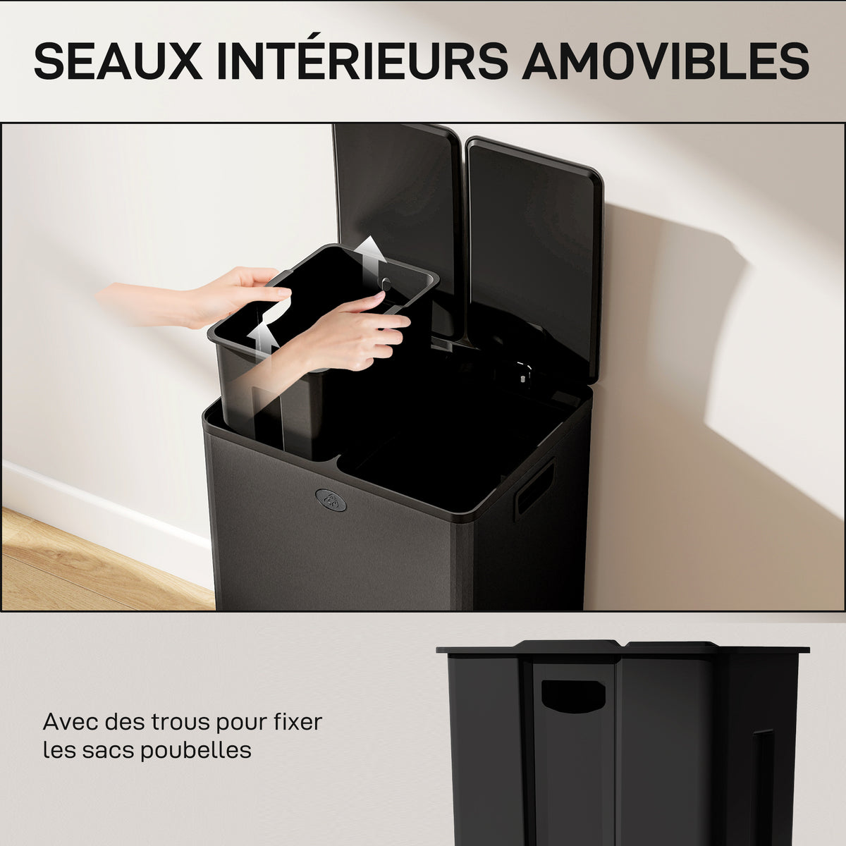 Poubelle de cuisine 2 compartiments de 2 x 28L, acier inoxydable, couvercle à fermeture douce, 45,8x36x67,6cm, noir