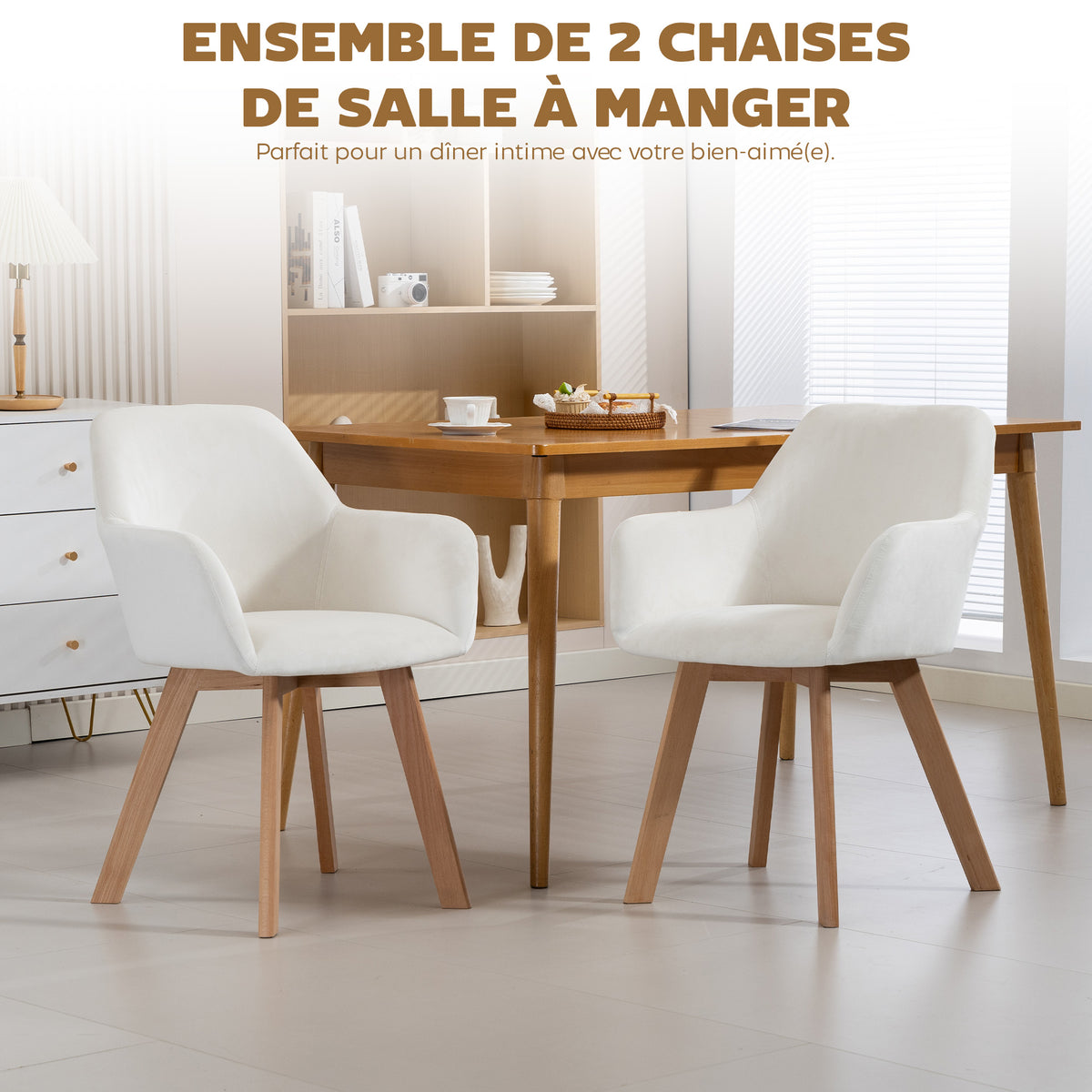 Lot de 2 chaises de salle à manger Fauteuil Assise rembourrée en tissu effet velours Pieds en bois, crème