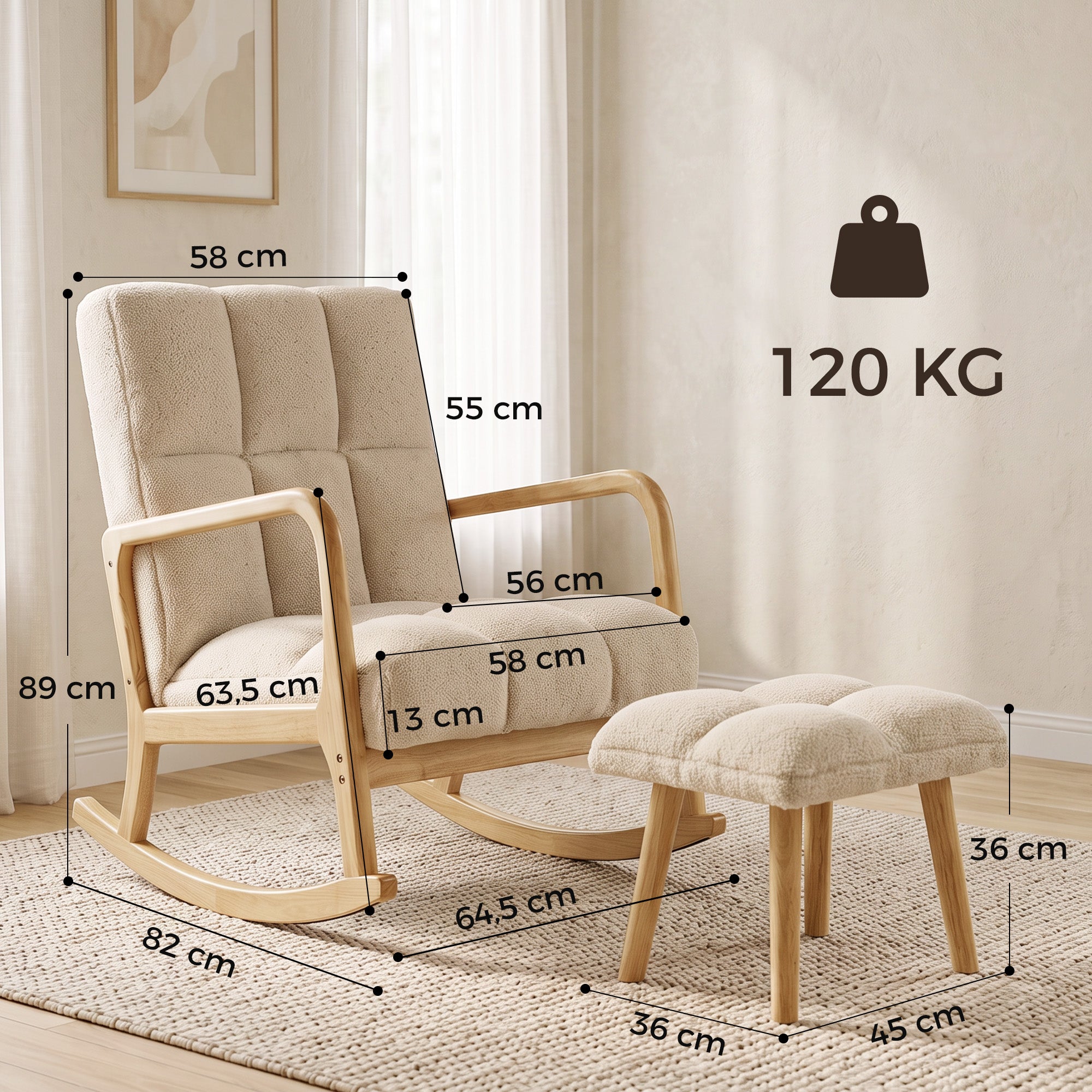 Rocking Chair with Footrest, Bouclé Fabric Rocking Chair, Wooden Legs, 64.5 x 82 x 89 cm, Beige