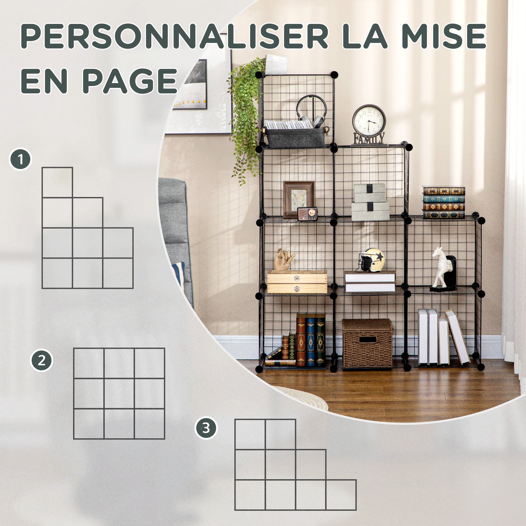 Étagère cube modulable DIY avec 9 compartiments en treillis métallique pour salon, chambre à coucher, noir