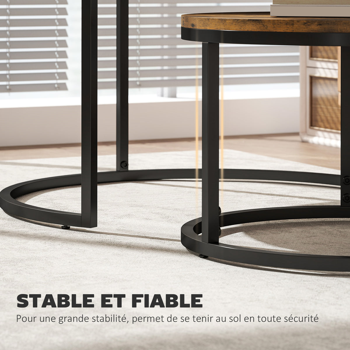 Lot de 2 tables basses gigognes empilable design industriel plateau imitation ciment pieds en métal brun rustique