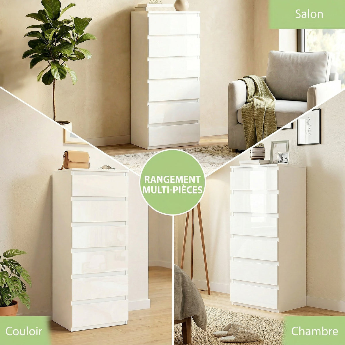 Cassettiera a 6 cassetti ad alta lucentezza, mobile contenitore stretto senza maniglie, 40 x 35 x 109 cm, bianco
