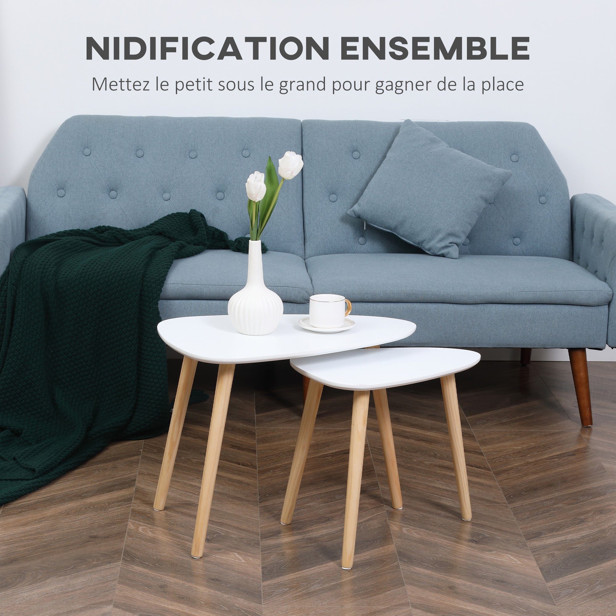 Set van 2 design salontafels, Scandinavische stijl, houten poten en houten blad, wit