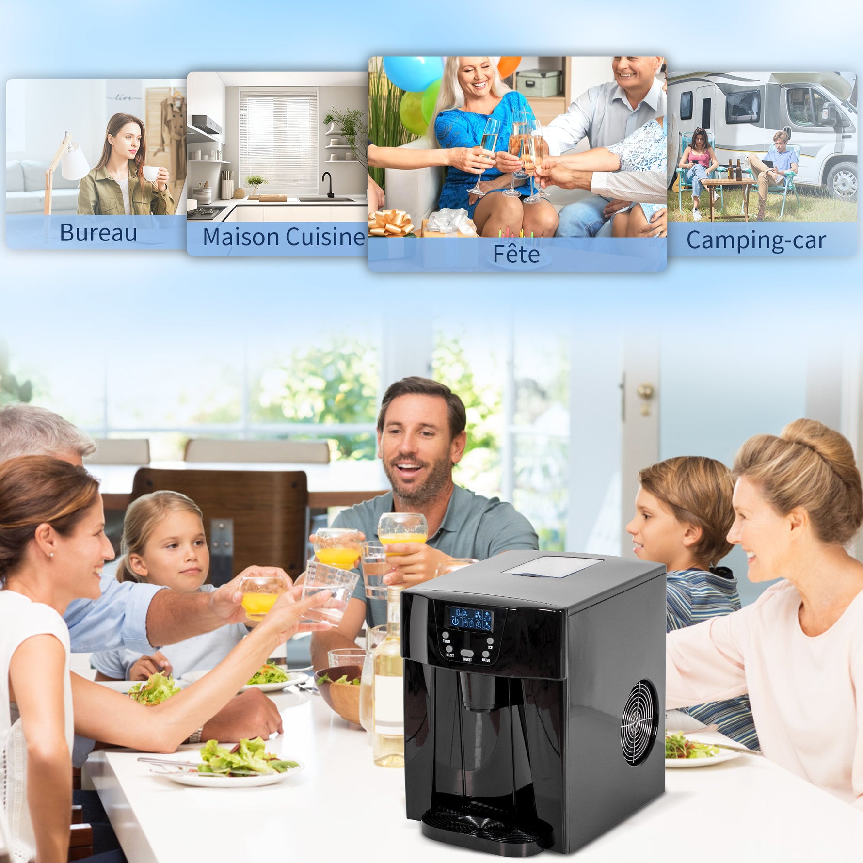 Machine à glaçons avec distributeur d'eau, ice maker, 12kg en 24h, 9 glaçons en 6-10 minutes, 25,2x38,9x36,3cm, noir