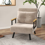 Fauteuil convertible 3 en 1 lit 1 place dossier 5 positions, accoudoirs en bois et coussin, tissu effet velours, beige