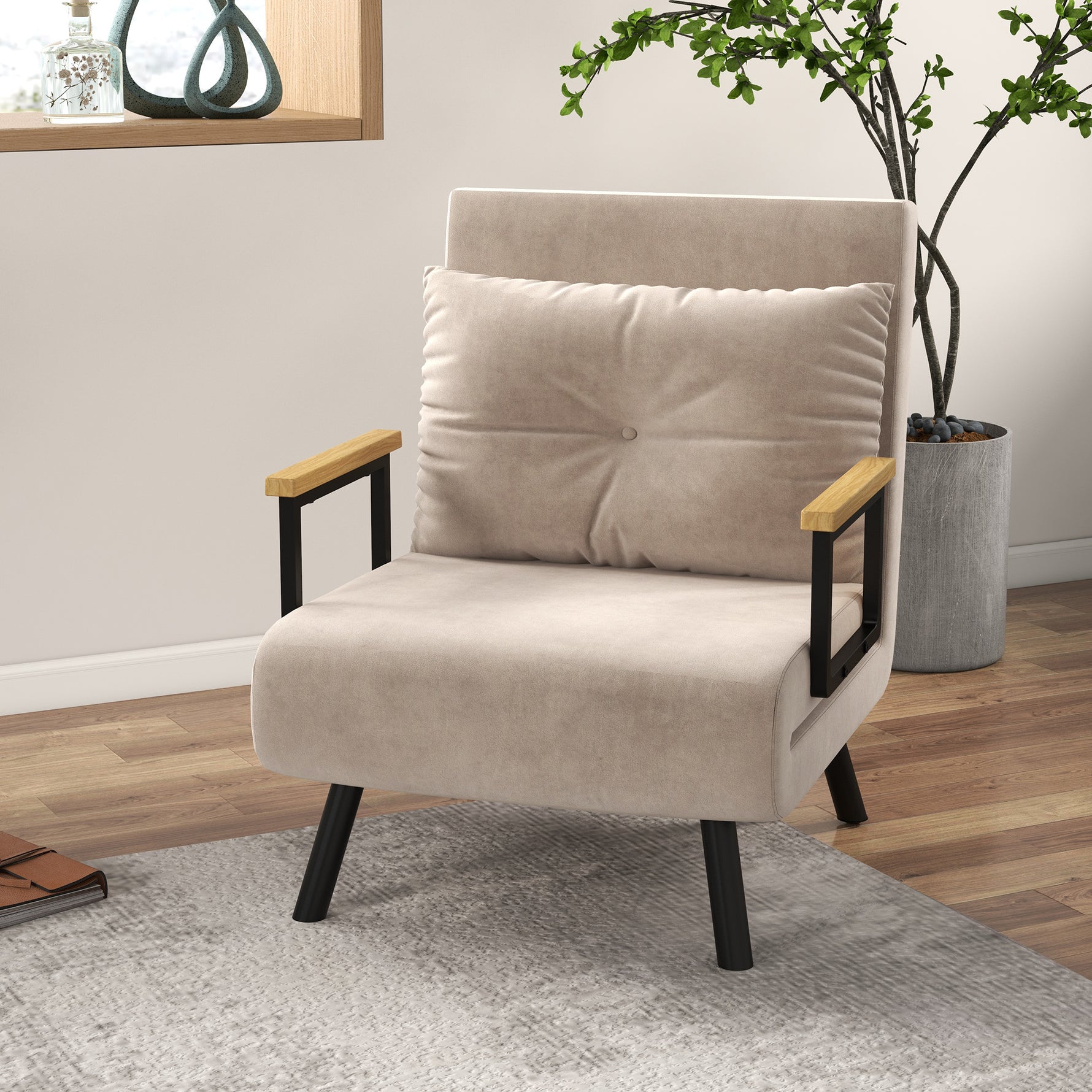 Fauteuil convertible 3 en 1 lit 1 place dossier 5 positions, accoudoirs en bois et coussin, tissu effet velours, beige