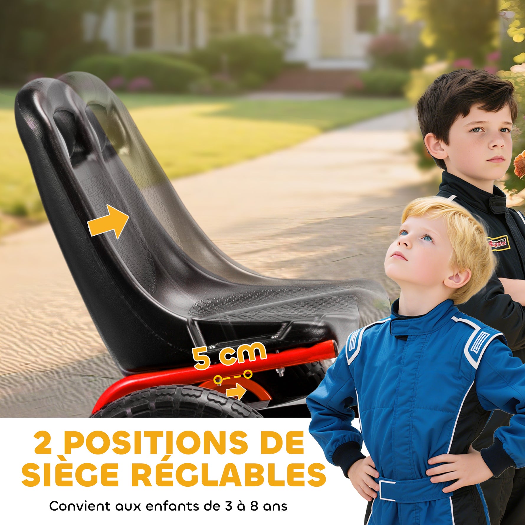 Kart à pédales Go-Kart pour enfants siège réglable pneus EVA embrayage manuel et frein 110 x 61 x 62 cm rouge