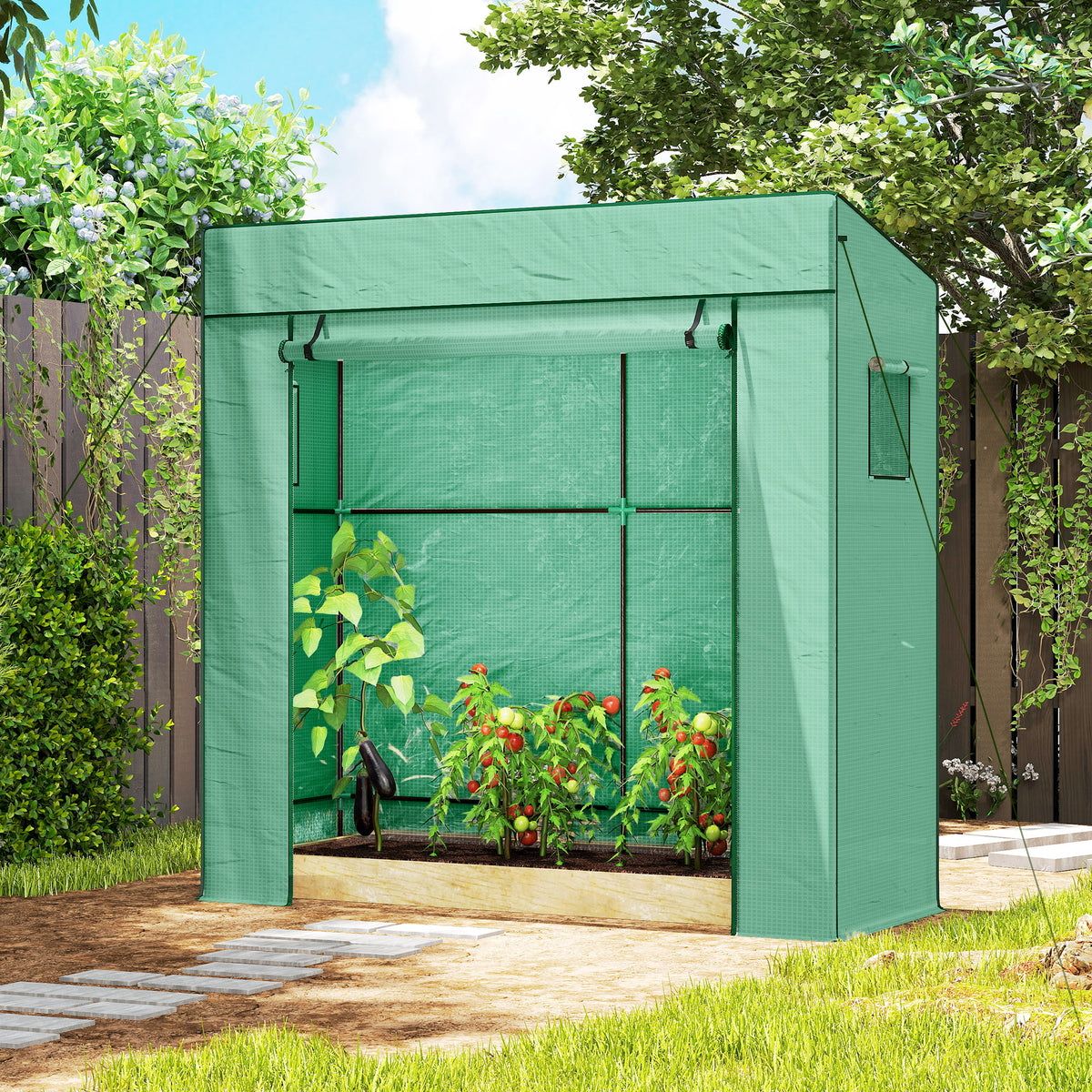 Serra da giardino a parete con 1 porta avvolgibile, telo in PE rinforzato, 2 finestre, dim. 196L x 77l x 197/178A cm