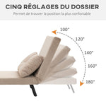 Fauteuil convertible 3 en 1 lit 1 place dossier 5 positions, accoudoirs en bois et coussin, tissu effet velours, beige