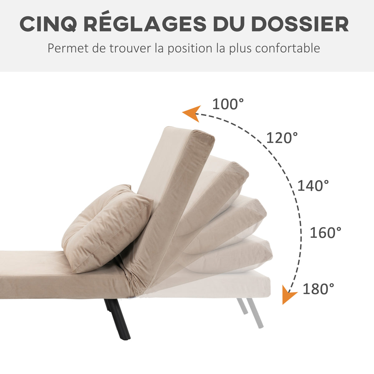 Fauteuil convertible 3 en 1 lit 1 place dossier 5 positions, accoudoirs en bois et coussin, tissu effet velours, beige