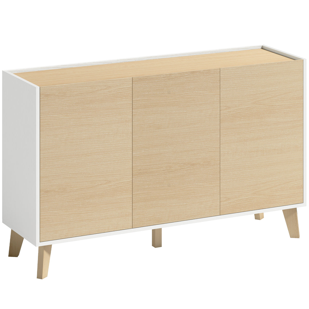 Buffet cuisine, meuble de rangement nordique, 3 portes à fermeture douce, 6 compartiments, bois naturel et blanc