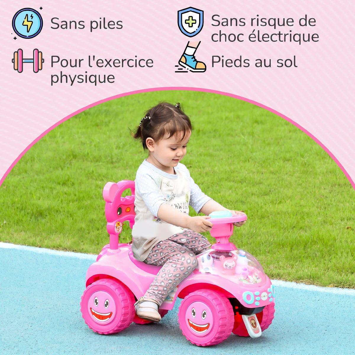Voiture Porteur pour Enfants, Véhicule à Pousser avec Klaxon, Lumières, Musique, Volant, Rangement Sous le Siège, Rose