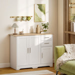 Buffet salon, meuble de rangement avec 2 tiroirs, 3 portes et étagère réglable, 100 x 40 x 78 cm, blanc et bois naturel