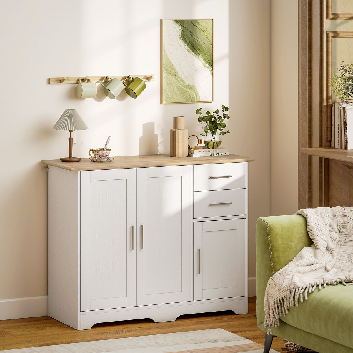 Buffet salon, meuble de rangement avec 2 tiroirs, 3 portes et étagère réglable, 100 x 40 x 78 cm, blanc et bois naturel