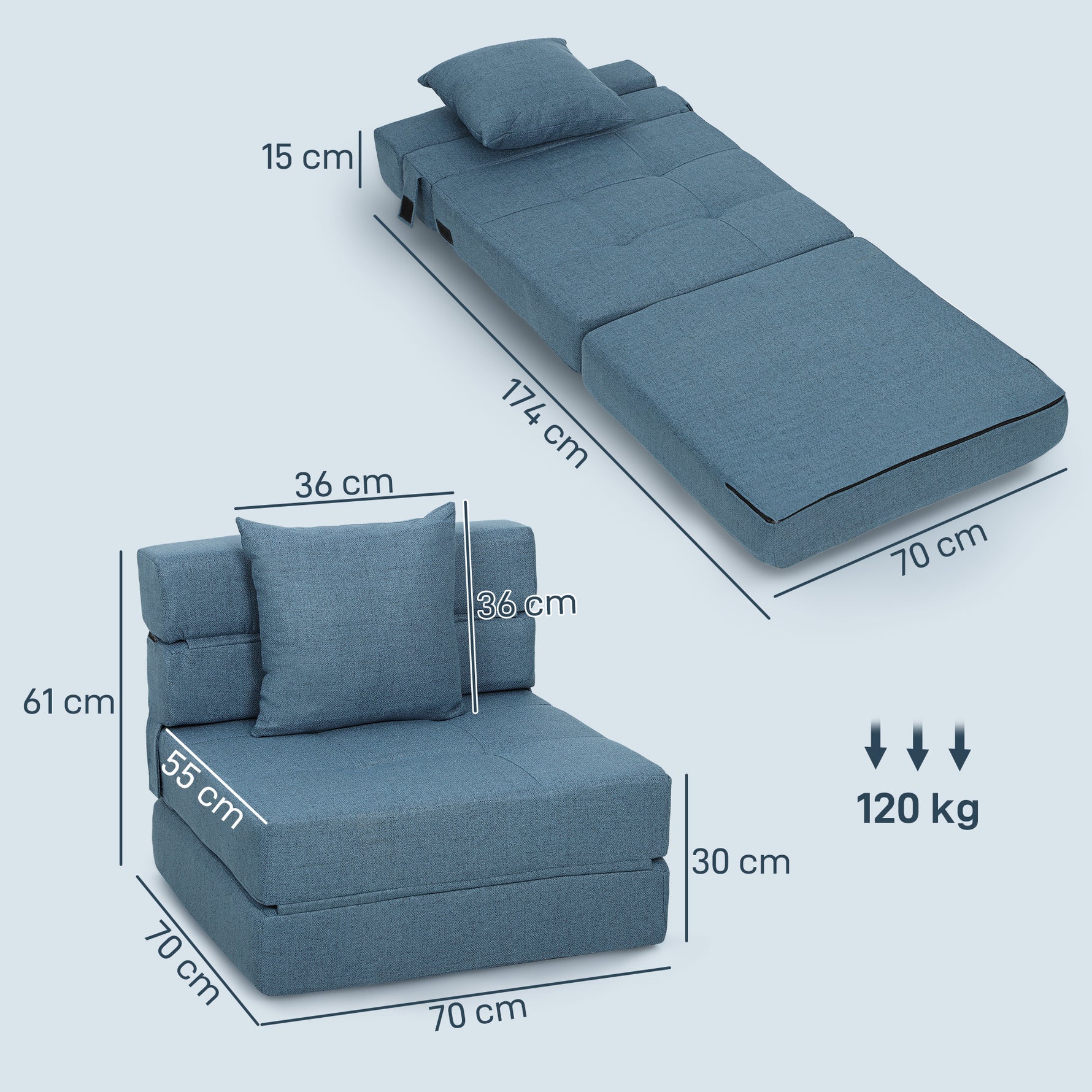 Chauffeuse canapé-lit convertible fauteuil 1 place avec 1 coussin déhoussable, tissu bleu foncé