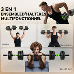 Kit haltères musculation haltères réglables 30 kg 3 en 1, ensemble de poids réglable avec barre d'extension noir