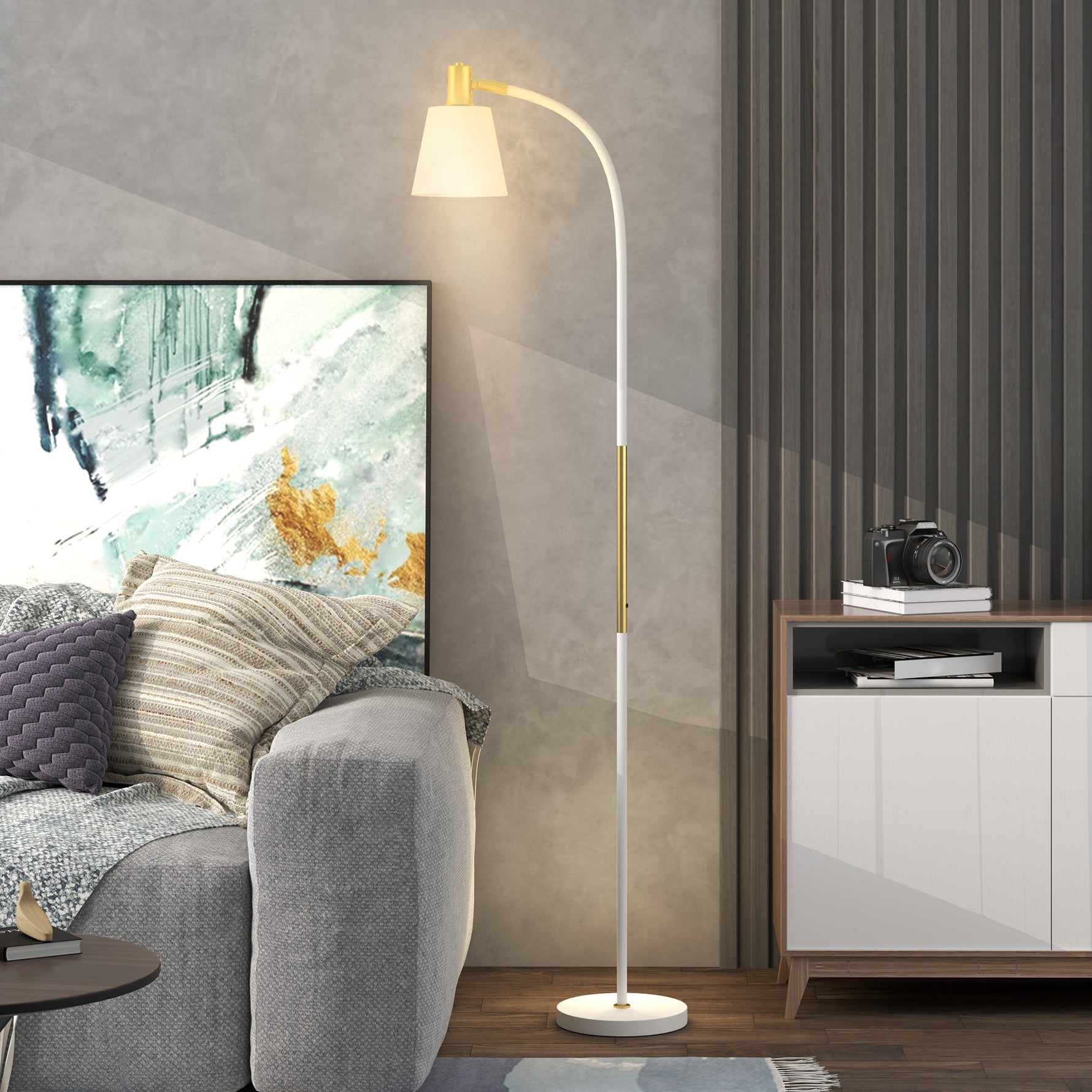 Lampadaire de salon réglable en hauteur 127-160 cm avec interrupteur, douille E27, blanc