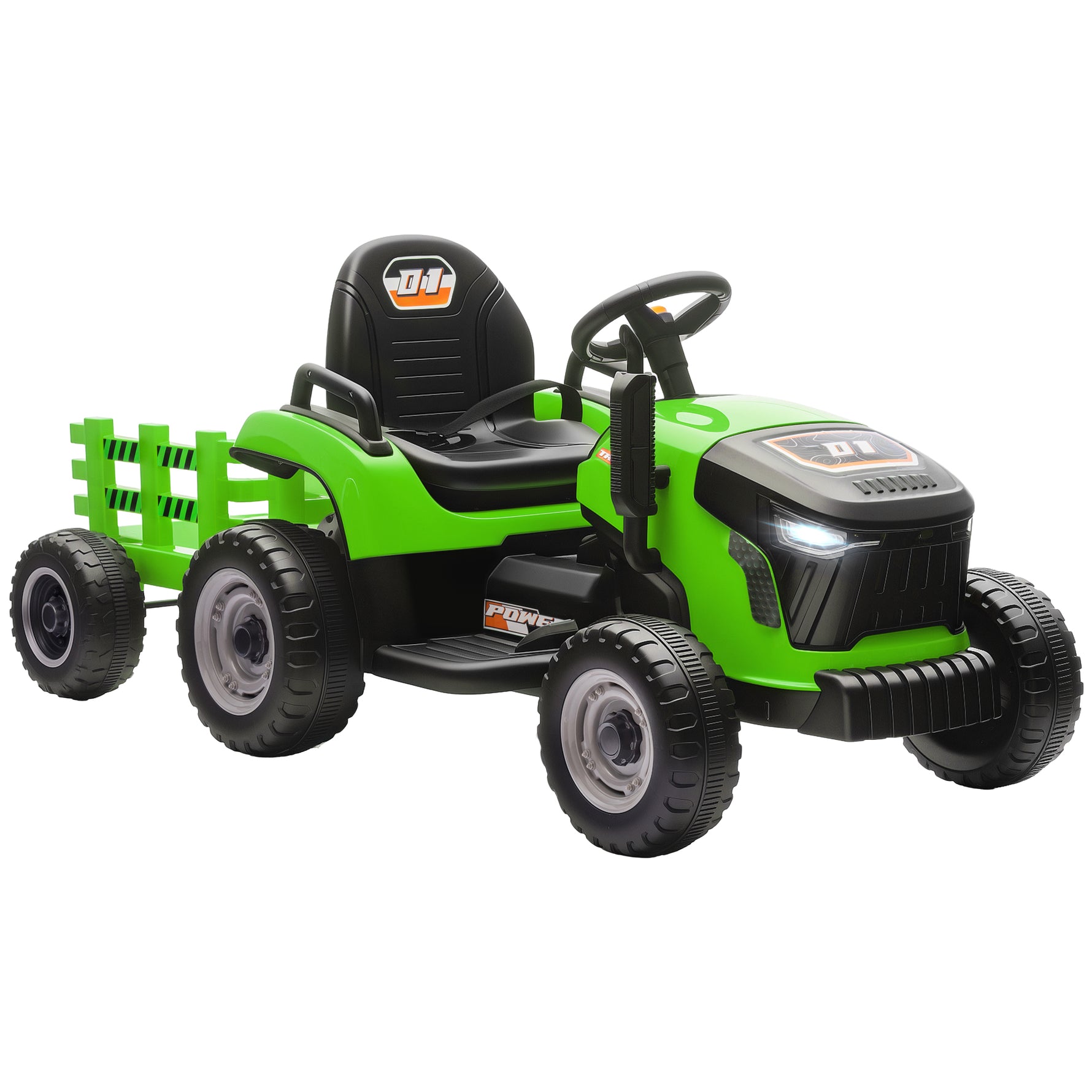 Tracteur électrique enfants avec remorque amovible, voiture électrique enfants, télécommande 2,4G, 139x58x55cm, vert