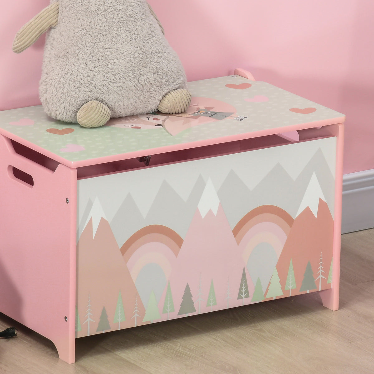 Coffre à jouet enfant coffre de rangement enfant couvercle rabattable motif de forêt coins arrondis 60 x 37 x 39 cm rose