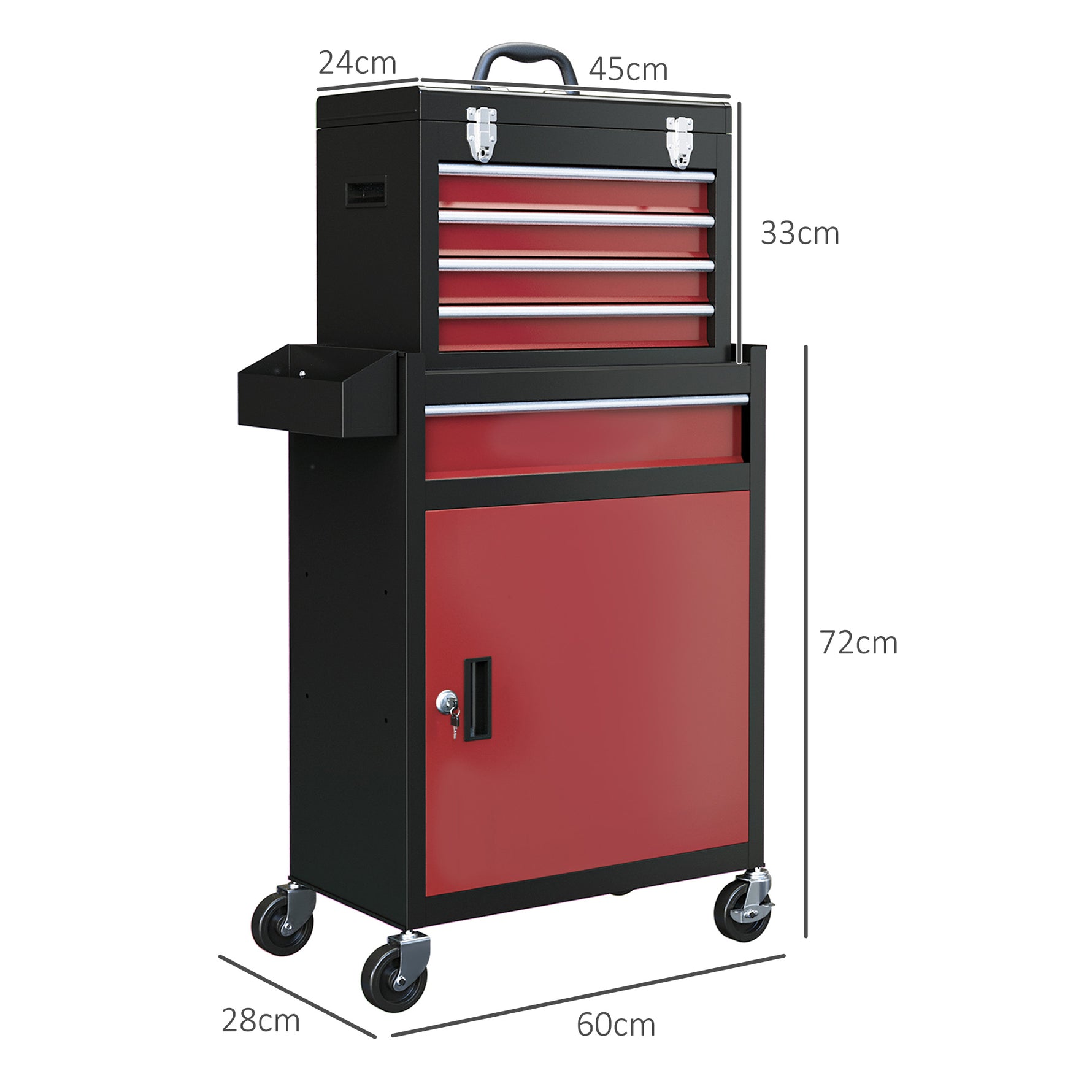 Armoire à outils verrouillable sur roulettes avec 5 tiroirs et armoire, sur roulettes pour l'atelier et la maison, rouge