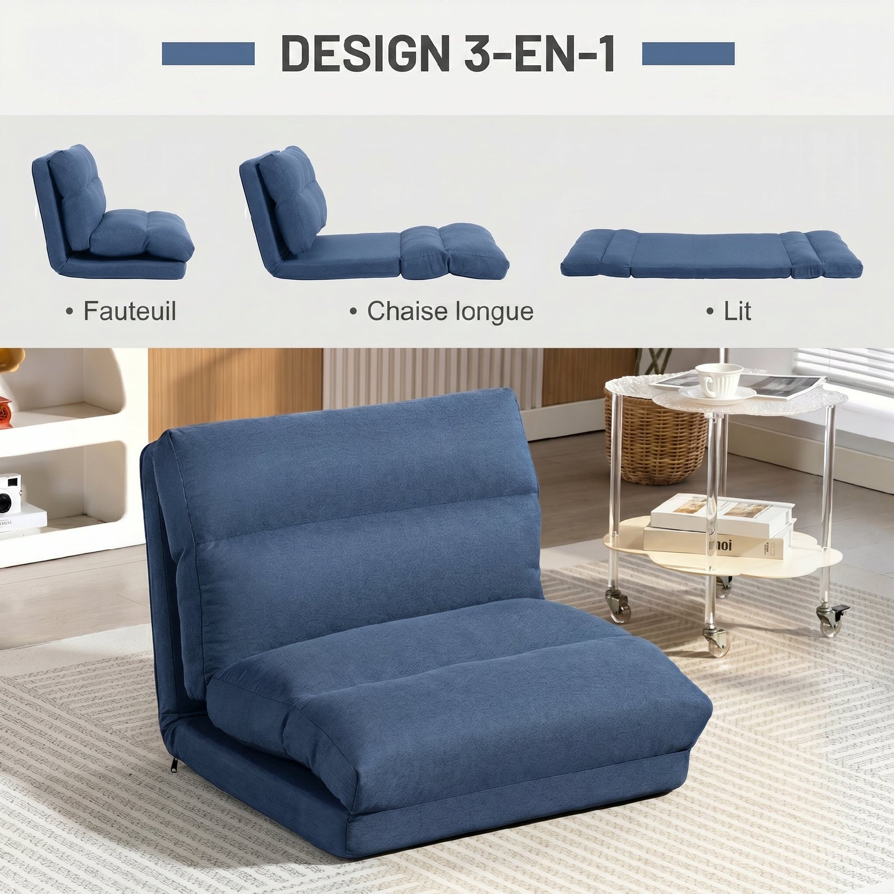 Fauteuil de sol canapé paresseux fauteuil convertible en lit inclinable 90° à 180° tissu - 70 x 72 x 56 cm - bleu foncé