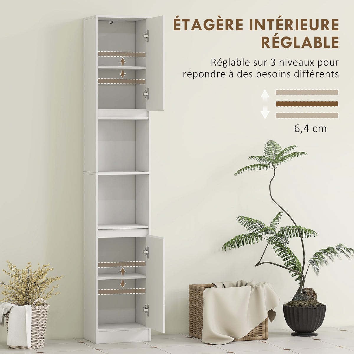 Meuble colonne salle de bain, meuble de rangement avec 2 portes, 2 compartiments ouverts, , 30 x 24 x 170 cm, blanc