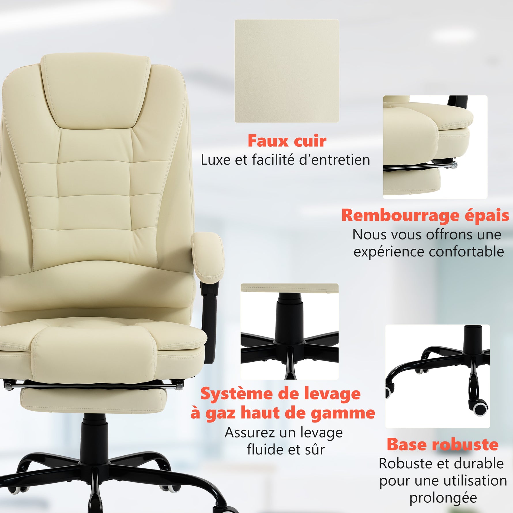 Fauteuil de bureau massant, chaise de bureau avec hauteur réglable, dossier inclinable et télécommande filaire, beige