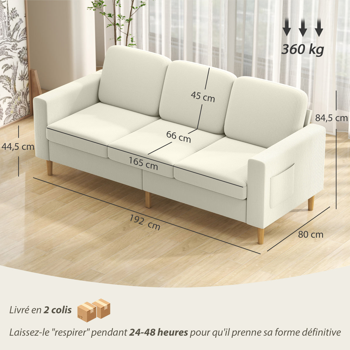 Canapé 3 places en velours côtelé, canapé avec coussins à ressorts et assise rembourré, 192x80x84,5cm, beige-2