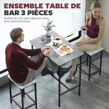 Ensemble table de bar avec 2 tabourets, cadre en acier pour cuisine, salle à manger et salon, gris