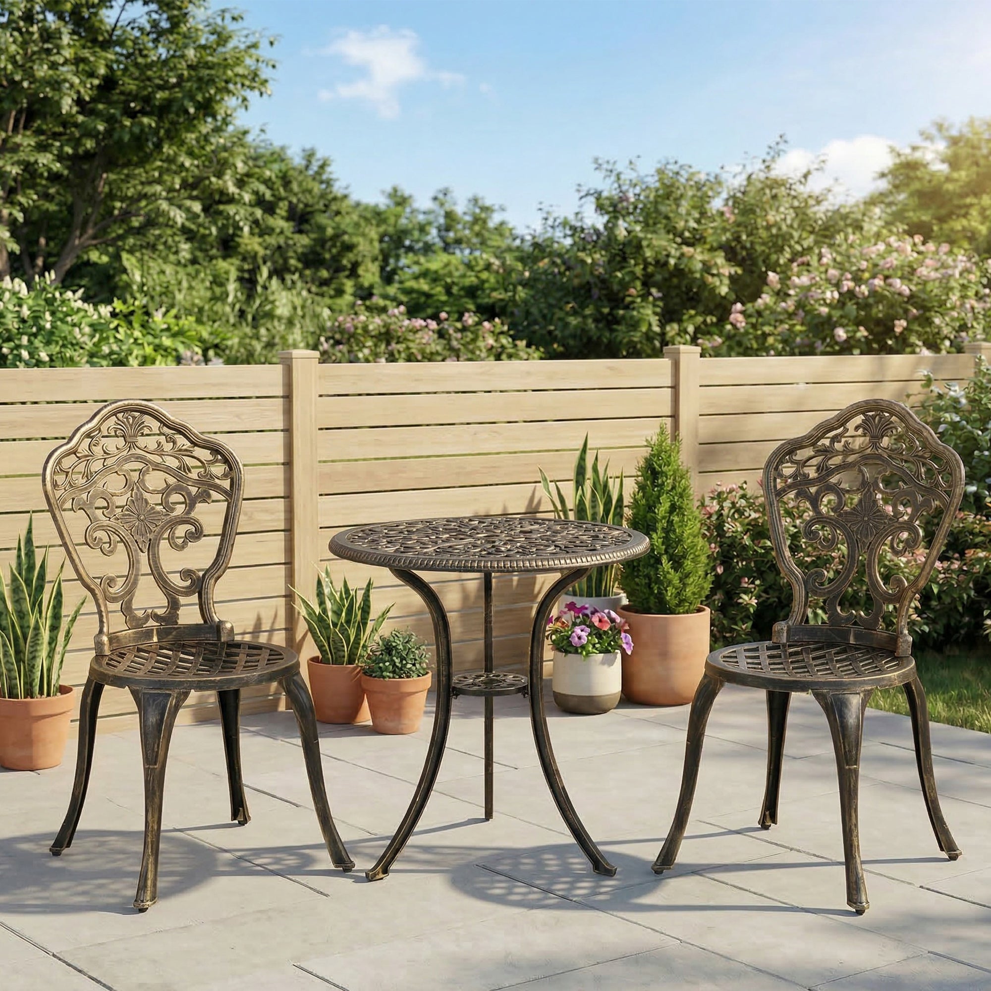 Ensemble bistrot pour jardin en aluminium salon de jardin 3 pièces 2 chaises + table ronde imitation fer forgé
