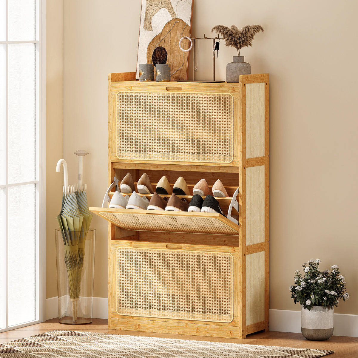 Scarpiera 14 paia, armadio portascarpe a 3 ante a ribalta, ripiani regolabili 69x29x119,8cm legno naturale