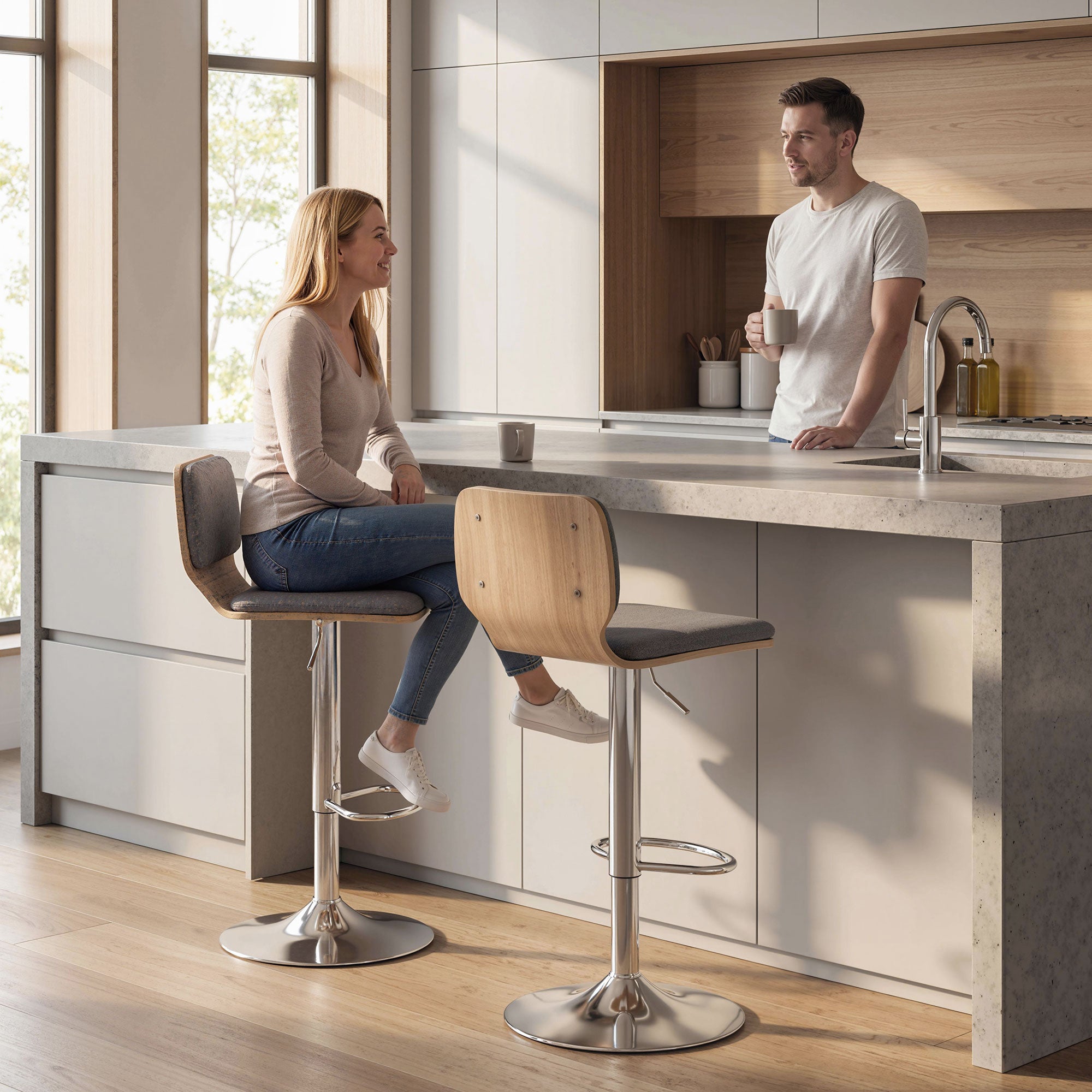 2er-Set Barhocker Barstühle höhenverstellbar mit Rückenlehne Fußstütze 360° drehbar 41x47,5x81-102cm grau